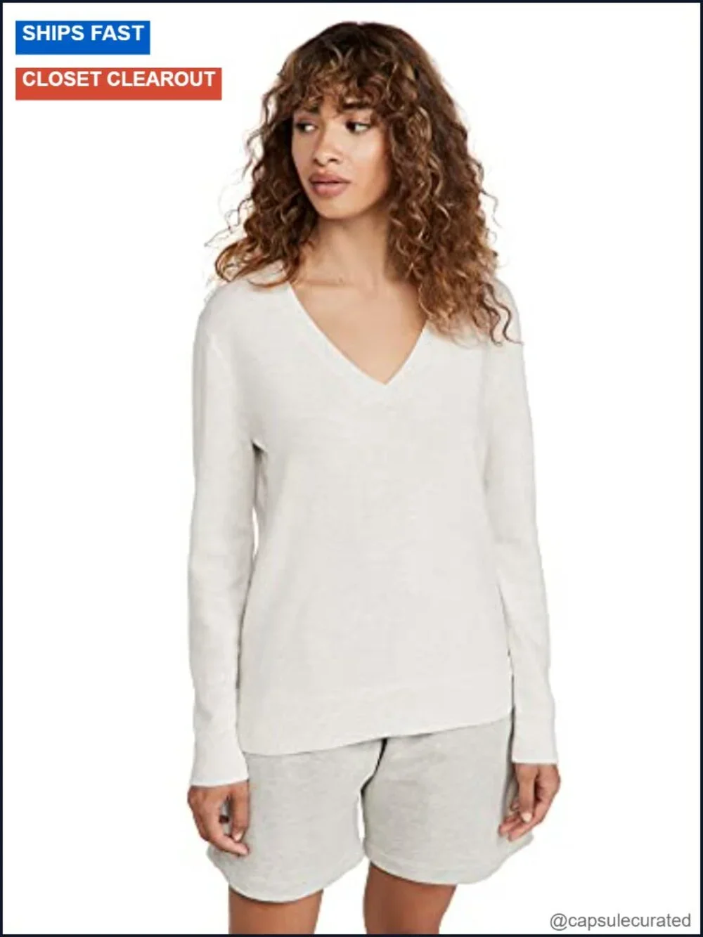 Cashmere V-Neck Pullover Sweater (Heather White)